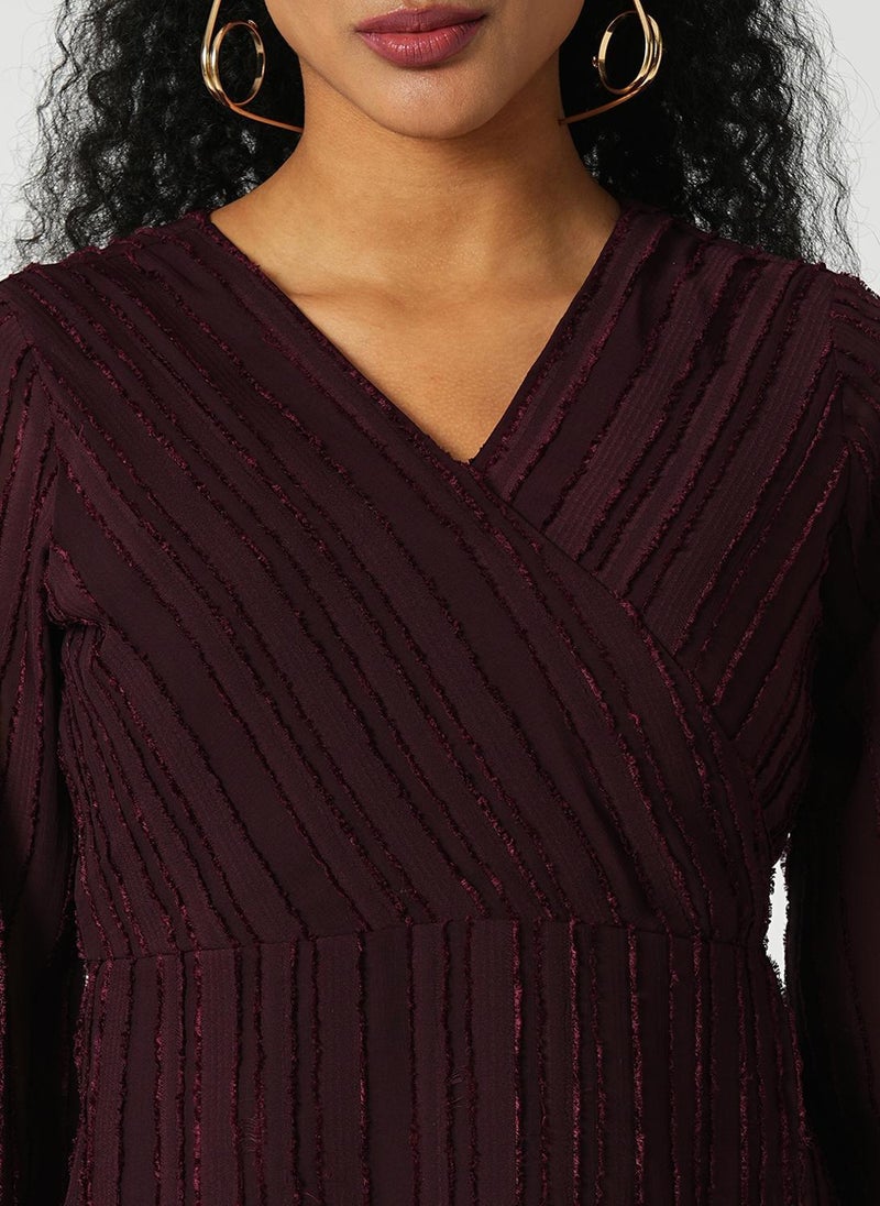 Globus Women's Burgundy Self Design Mini Party Dress with Wrap-Neck and Long Sleeves - Image 5