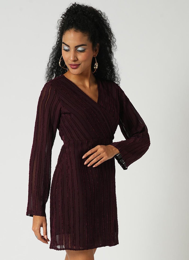 Globus Women's Burgundy Self Design Mini Party Dress with Wrap-Neck and Long Sleeves - Image 3