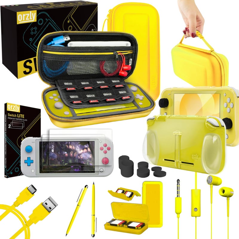 Orzly Switch Lite Accessories Bundle - Case & Screen Protector for Nintendo Switch Lite Console, USB Cable, Games Holder, Comfort Grip Case, Headphones, Thumb-Grip Pack & more ( Gift Pack Yellow) - Image 1