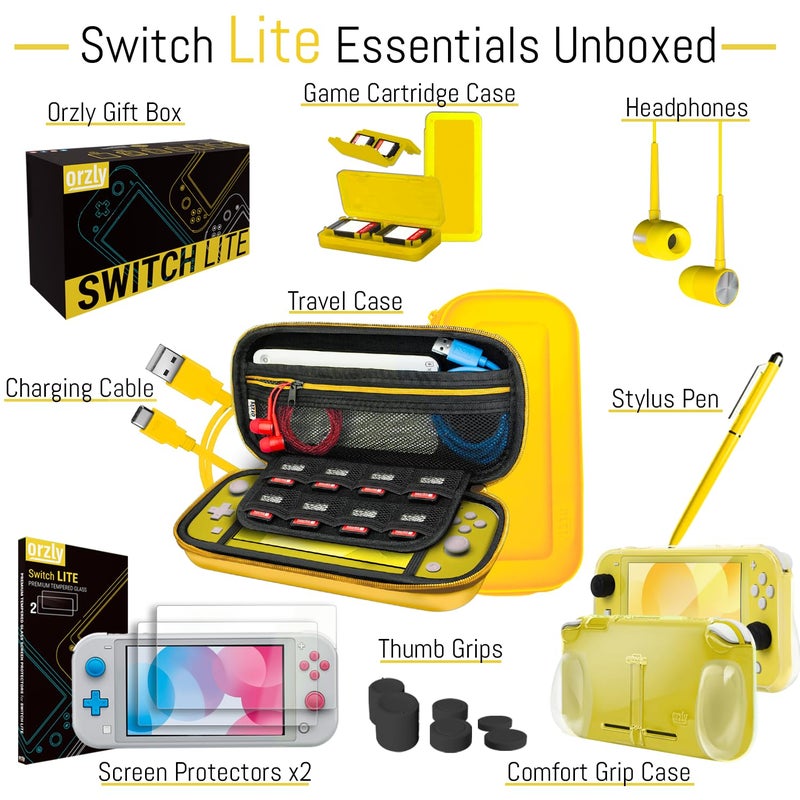 Orzly Switch Lite Accessories Bundle - Case & Screen Protector for Nintendo Switch Lite Console, USB Cable, Games Holder, Comfort Grip Case, Headphones, Thumb-Grip Pack & more ( Gift Pack Yellow) - Image 3