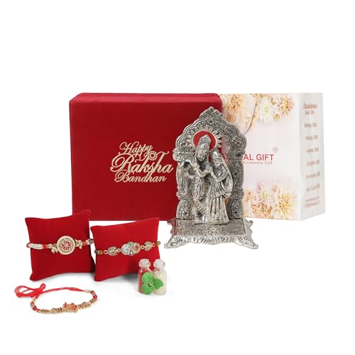 INTERNATIONAL GIFT® Silver Radha Krishna Chowki | Roli Tika Chawal | 2 Piece Rakhi | Happy Raksha Bandhan Printed Box - Image 1