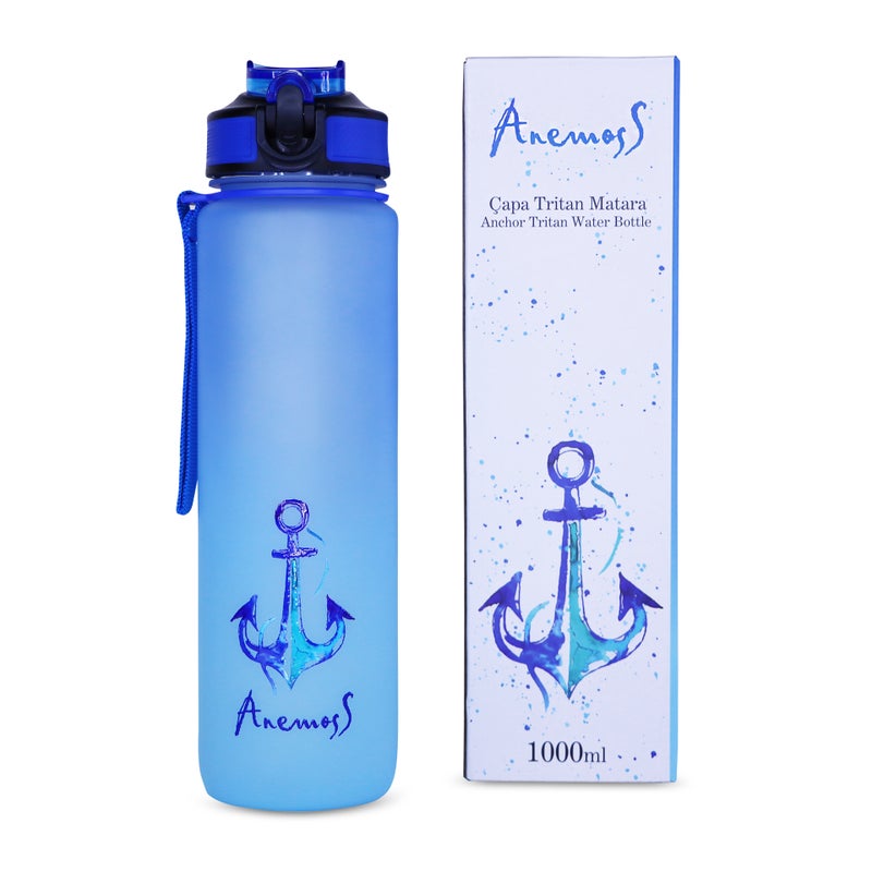 Anemoss Water Bottle 1000ml, BPA Free Tritan Material, Motivational Time Stamps, Marine Themed Anchor Pattern Bottle, Leakproof Design, Water Bottle for Gym Office School - Image 2