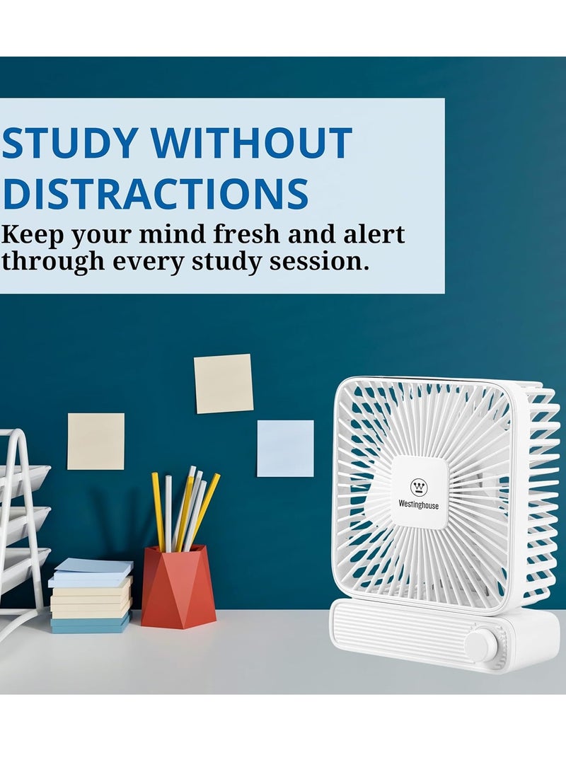 Westinghouse مروحة طاولة قابلة لإعادة الشحن - زر تحكم في سرعة قابلة للتعديل - تصميم مربع مدمج، تشغيل صامت، تعمل بالطاقة USB، مروحة صغيرة محمولة للمكتب، المكتب والسفر - Image 3