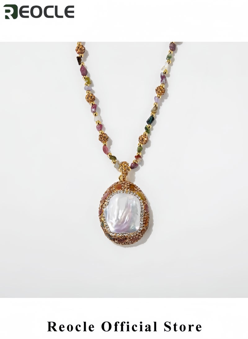 REOCLE Baroque Pearl Tourmaline Necklace Natural Freshwater Shaped Pearl Sweater Chain Advanced Irregular Crystal Pendant Clavicle Necklace - Image 3