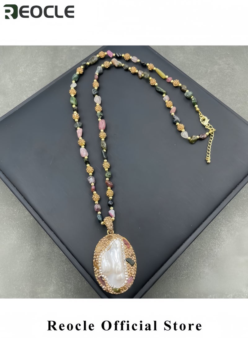 REOCLE Baroque Pearl Tourmaline Necklace Natural Freshwater Shaped Pearl Sweater Chain Advanced Irregular Crystal Pendant Clavicle Necklace - Image 4