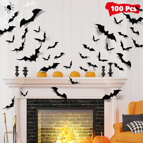 LUDILO 100pcs Bats Halloween Decorations: Halloween Bats Wall Décor Bat Stickers Decals PVC 3D Wall Bat Scary Stickers Halloweens Party Decorations Indoor Outdoor DIY Home Window Door Décor - Image 1