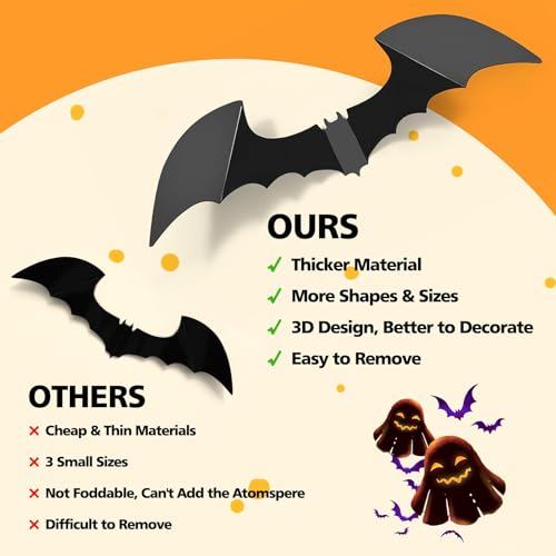 LUDILO 100pcs Bats Halloween Decorations: Halloween Bats Wall Décor Bat Stickers Decals PVC 3D Wall Bat Scary Stickers Halloweens Party Decorations Indoor Outdoor DIY Home Window Door Décor - Image 2