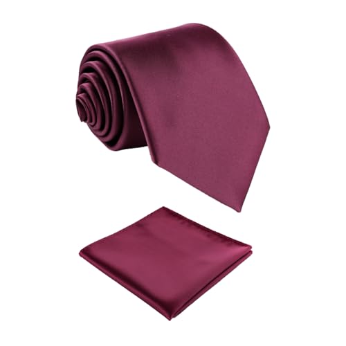 fortunatever Men's Handmade Satin Extra Long Necktie,Burgundy Red Solid Tie With Pocket Square+Gift Box - Image 1