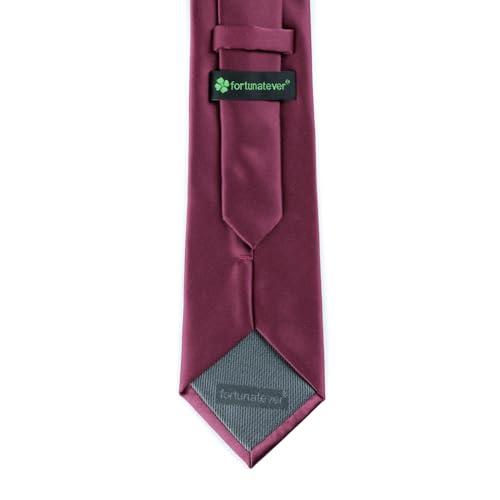 fortunatever Men's Handmade Satin Extra Long Necktie,Burgundy Red Solid Tie With Pocket Square+Gift Box - Image 2