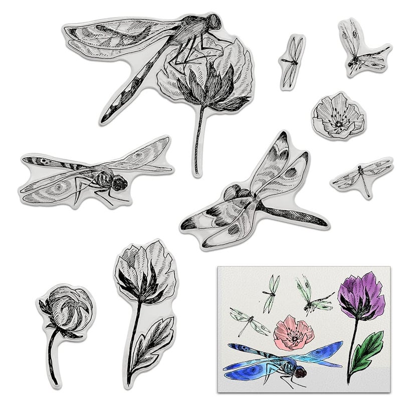 Threetols Dragonfly Clear Silicone Stamps for Card Making Flower Lotus Clear Rubber Stamps for Card Making Decoration DIY Scrapbooking Silicone Transparent Seal Stamps Embossing Album Decor Craft