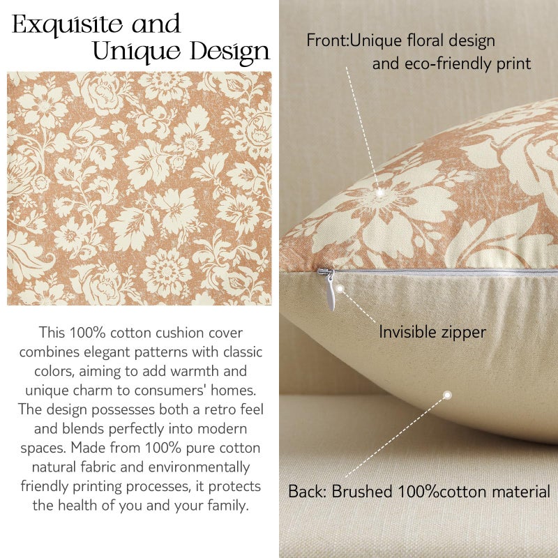 MUSSEL Light Coral Floral Pillow Covers 18x18ï¼ŒVintage Decorative Throw Pillow Patterned Covers Neutral Modern Farmhouse Cushions Cotton Accent Covers for Sofa Bed Living Room Pillowcases Set of 2 - Image 4