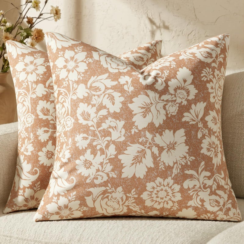 MUSSEL Light Coral Floral Pillow Covers 18x18ï¼ŒVintage Decorative Throw Pillow Patterned Covers Neutral Modern Farmhouse Cushions Cotton Accent Covers for Sofa Bed Living Room Pillowcases Set of 2 - Image 1