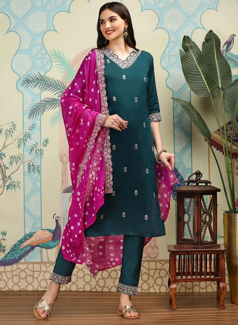 Ishin  Women's Green Viscose Blend Embellished Tunic Full Length Casual Straight Fit Kurta Set for Women | Best Price UAE