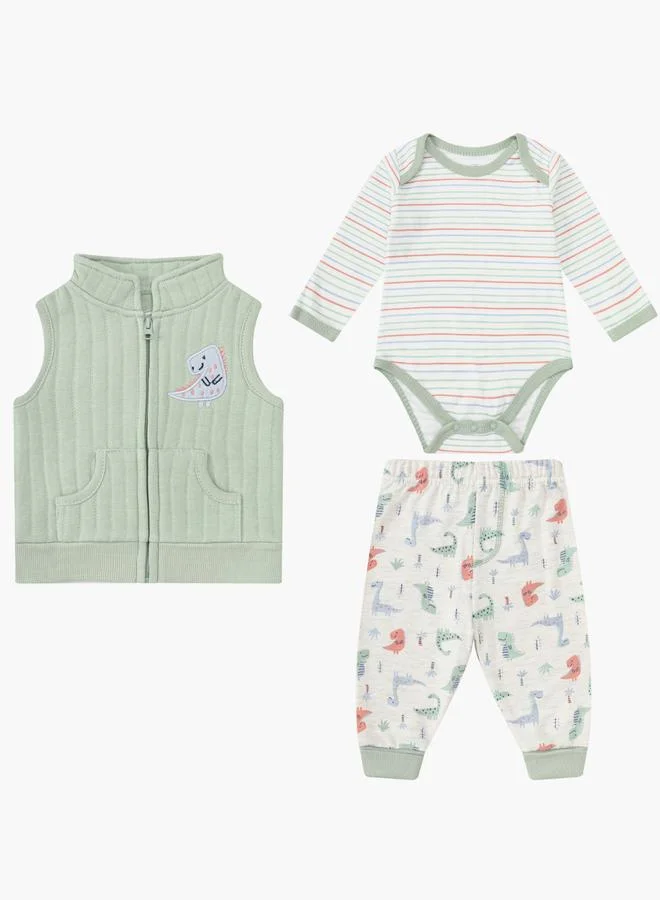 Luna & Lily 3-Piece Graphic Bodysuit, Patterned Pants and Animal Patch Vest
