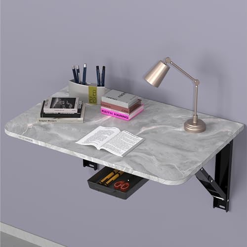MY ARMOR Wall Mount Table Foldable | Wooden Folding Wall Study Table with Drawer | Space Saving Laptop Desk for Home & Office | Wall Mounted Foldable Table | Marble Grey | 24 x 16 Inches - Image 1
