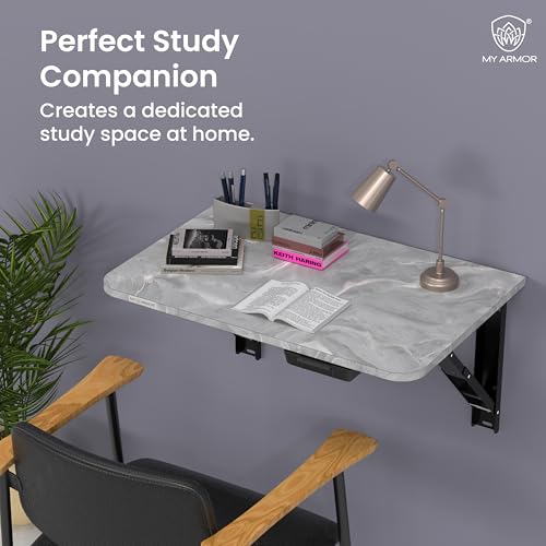MY ARMOR Wall Mount Table Foldable | Wooden Folding Wall Study Table with Drawer | Space Saving Laptop Desk for Home & Office | Wall Mounted Foldable Table | Marble Grey | 24 x 16 Inches - Image 2