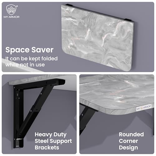 MY ARMOR Wall Mount Table Foldable | Wooden Folding Wall Study Table with Drawer | Space Saving Laptop Desk for Home & Office | Wall Mounted Foldable Table | Marble Grey | 24 x 16 Inches - Image 3