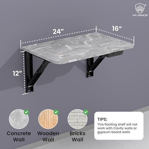 MY ARMOR Wall Mount Table Foldable | Wooden Folding Wall Study Table with Drawer | Space Saving Laptop Desk for Home & Office | Wall Mounted Foldable Table | Marble Grey | 24 x 16 Inches - Image 4