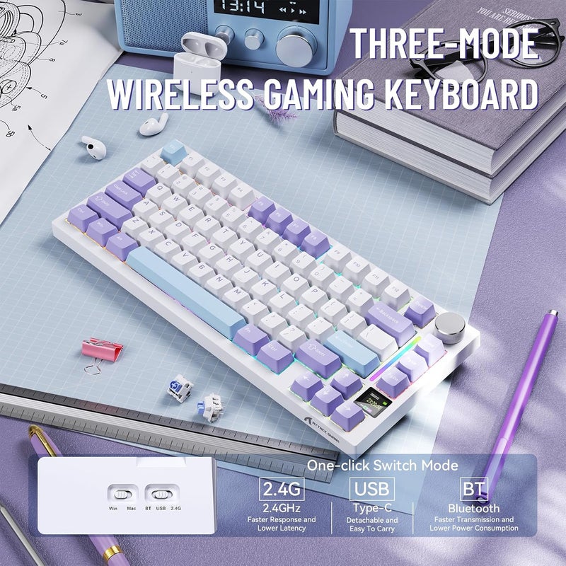 MAMBASNAKE Attack Shark X820 Ultra Wireless Mechanical Gaming Keyboard 2.4G/BT/USB C, QWERTY TKL 75% Gasket Hot Swap, TFT Screen & Volume Knob, LIGHTSYNC RGB Chroma, Coiled Cable - Shark Switch/Purple - Image 2