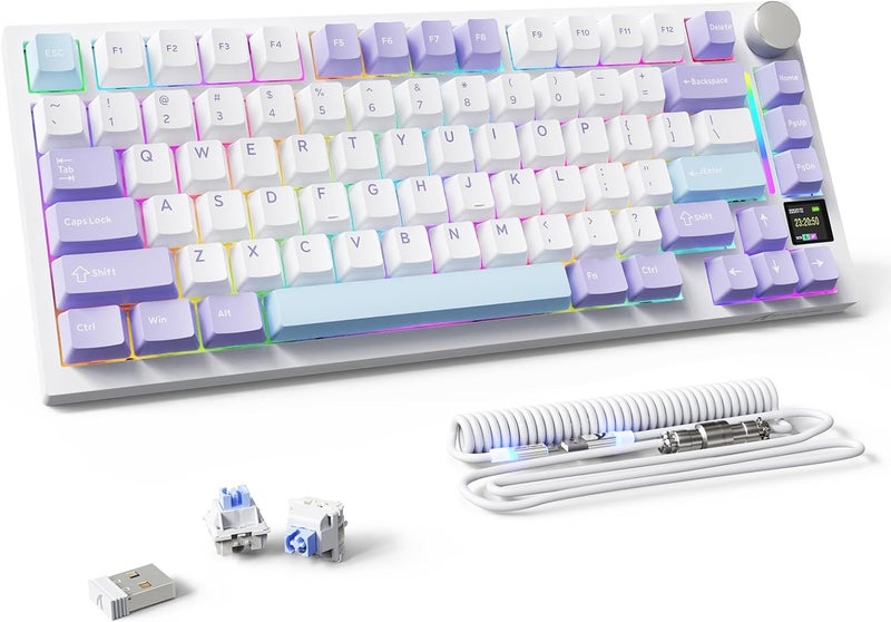 MAMBASNAKE Attack Shark X820 Ultra Wireless Mechanical Gaming Keyboard 2.4G/BT/USB C, QWERTY TKL 75% Gasket Hot Swap, TFT Screen & Volume Knob, LIGHTSYNC RGB Chroma, Coiled Cable - Shark Switch/Purple - Image 1