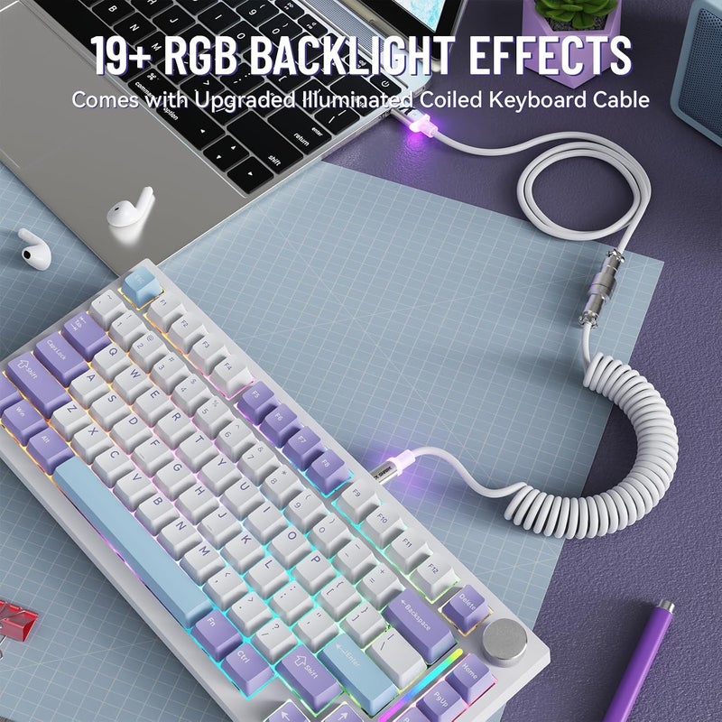 MAMBASNAKE Attack Shark X820 Ultra Wireless Mechanical Gaming Keyboard 2.4G/BT/USB C, QWERTY TKL 75% Gasket Hot Swap, TFT Screen & Volume Knob, LIGHTSYNC RGB Chroma, Coiled Cable - Shark Switch/Purple - Image 5