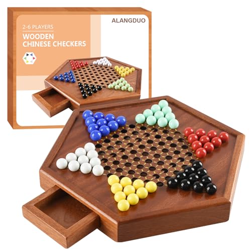 ALANGDUO Wooden Chinese Checkers with Drawers 12 Bonus Spare Marbles Natural Wooden Board Game Includes 60 Colorful Acrylic Marbles Family Board Game for Kids and Adults127 Inches - Image 1