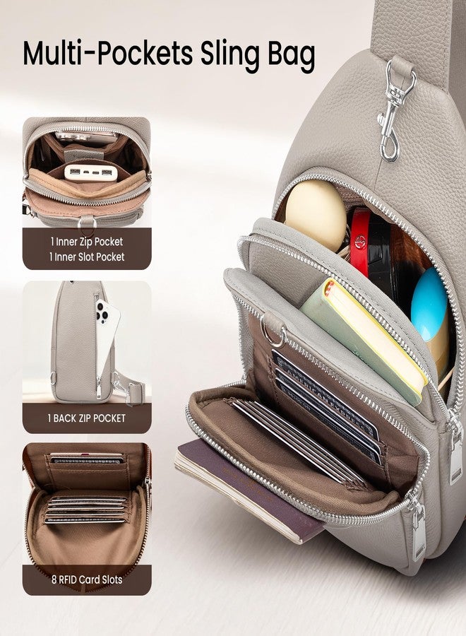 بيفن حقيبة كتف صغيرة من الجلد الطبيعي للنساء من بيفن، مضادة للسرقة، حقيبة صدر متعددة الجيوب مع فتحات لبطاقات RFID، بيج رمادي، 11 بوصة × 6 بوصة × 2.5 بوصة، حقيبة كتف - Image 4