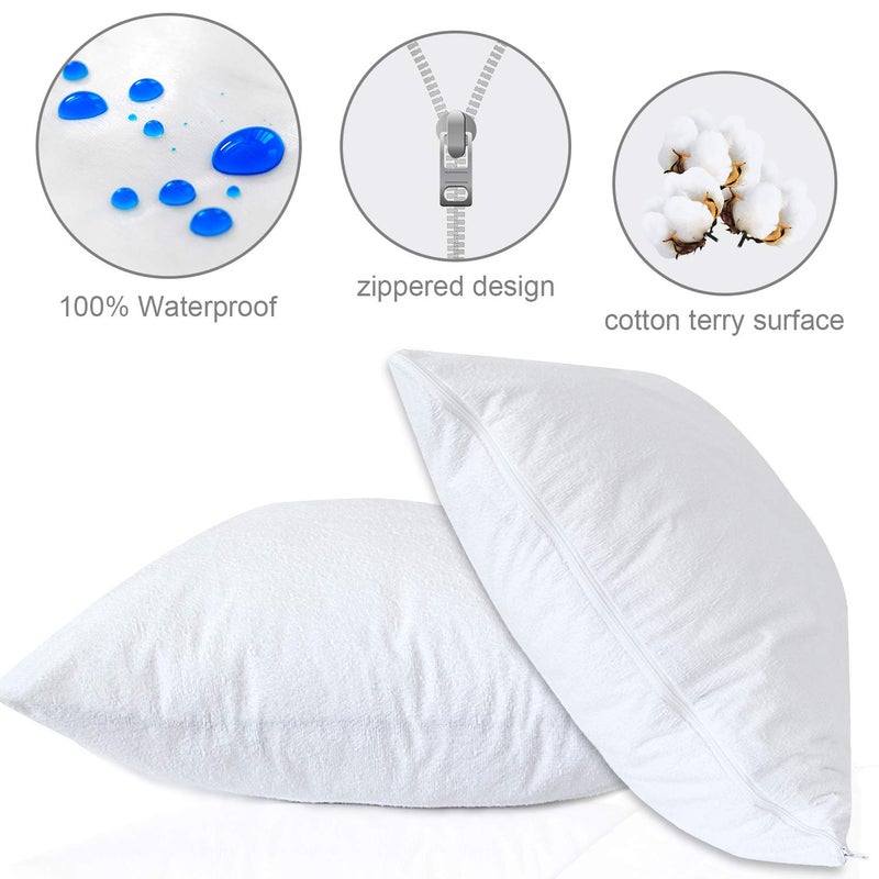 Moonsea Waterproof Zippered Pillow Protector  2 Pack Queen Size 20 x 30 Inch Pillow Protector  Cotton Terry Pillow Covers Encasement  Pillow Case White  - Image 2
