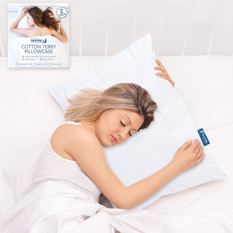 Moonsea Waterproof Zippered Pillow Protector  2 Pack Queen Size 20 x 30 Inch Pillow Protector  Cotton Terry Pillow Covers Encasement  Pillow Case White  - Image 4