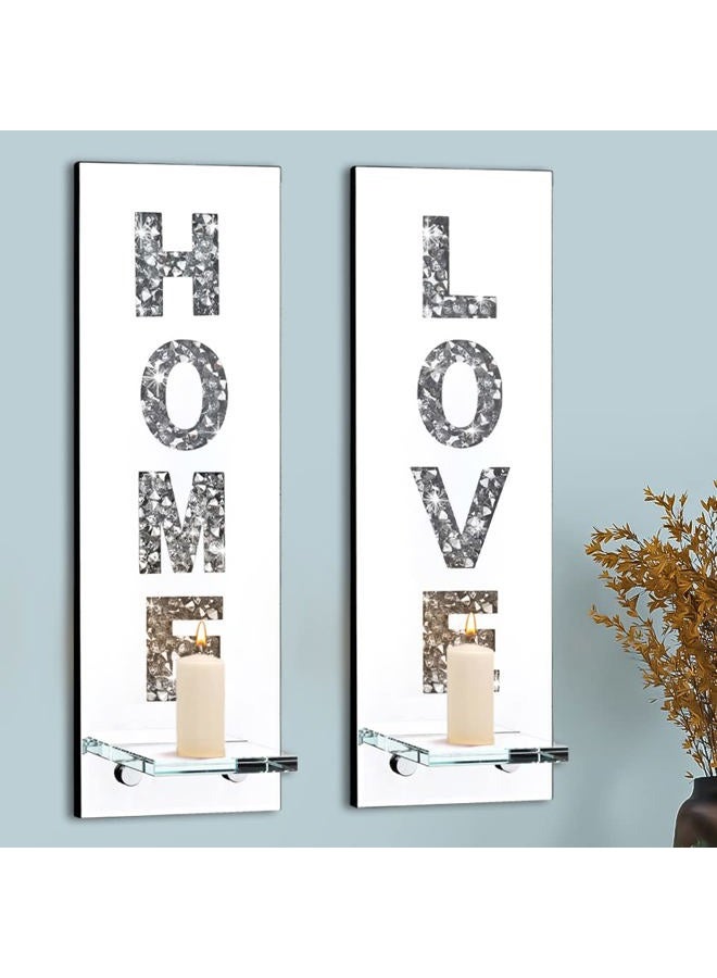 Pibeyer Crystal Crush Diamond Wall Candle Holder Set of 2, Silver Mirrored Candle Sconces Wall Decor, Love & Home Letter Home Decoration for Living Room，Dining Room and Bedroom - Image 1