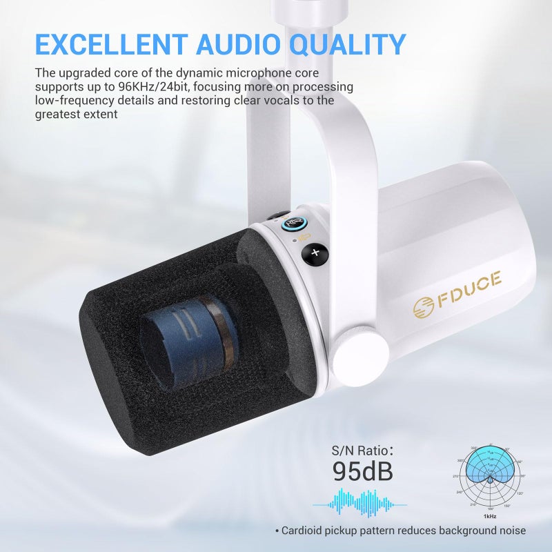 FDUCE SL40 Dynamic Microphone for Podcasting, Gaming, Live Streaming and Recording, Built-in Headphone Output, LED Mute Button, All-Metal USB/XLR, Voice Isolation Technology (White) - Image 4