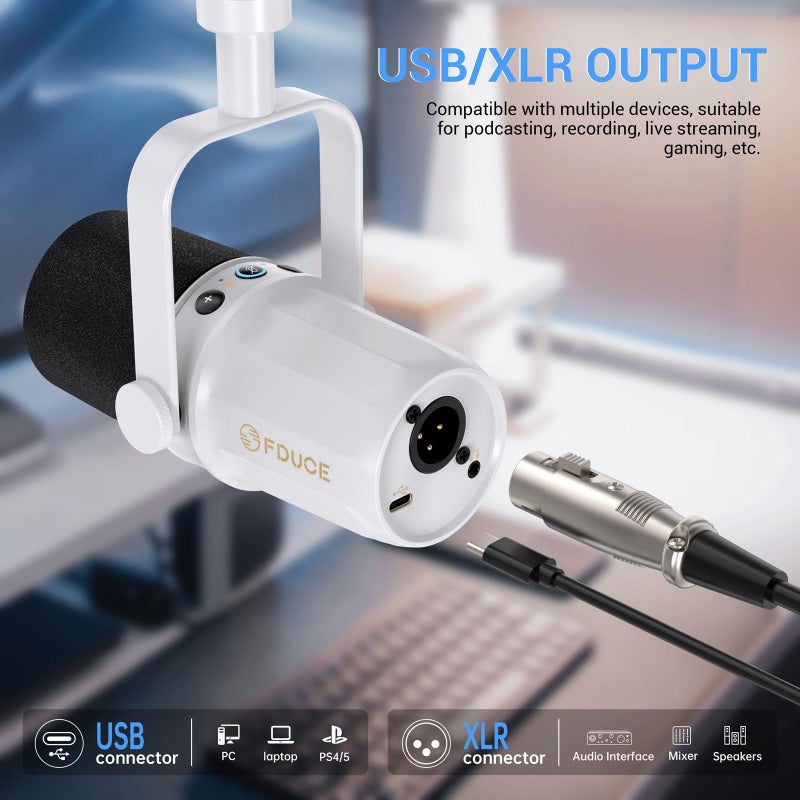 FDUCE SL40 Dynamic Microphone for Podcasting, Gaming, Live Streaming and Recording, Built-in Headphone Output, LED Mute Button, All-Metal USB/XLR, Voice Isolation Technology (White) - Image 3