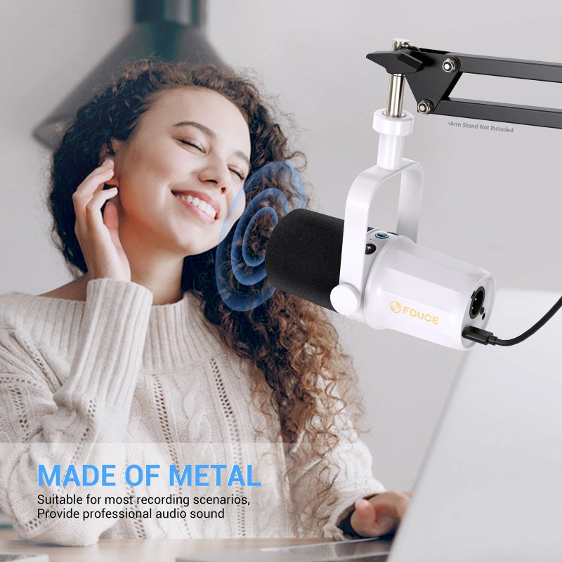 FDUCE SL40 Dynamic Microphone for Podcasting, Gaming, Live Streaming and Recording, Built-in Headphone Output, LED Mute Button, All-Metal USB/XLR, Voice Isolation Technology (White) - Image 5