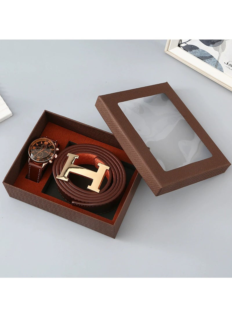 3 Piece set Coffee color Gift Combo for Men，With Belts, Watches and Gift Boxes - Image 1