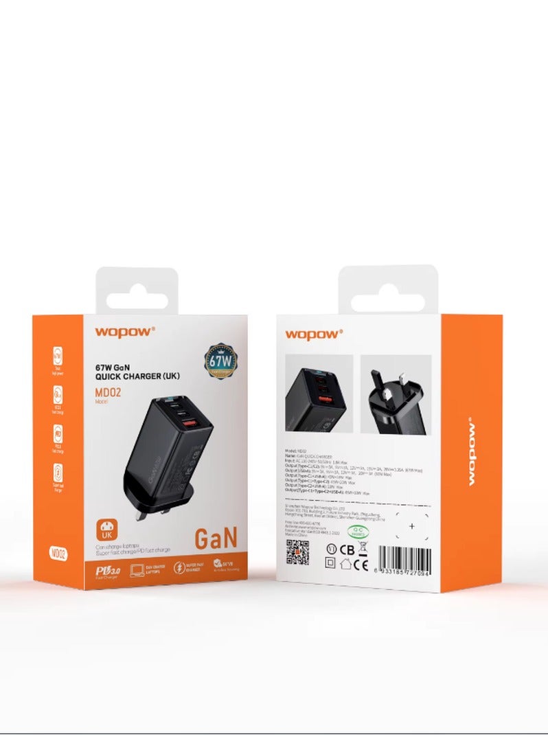 وبو 67 واط متعدد المنافذ محول حائط للهواتف الذكية والكمبيوتر المحمول شاحن الاتحاد الأوروبي والولايات المتحدة والمملكة المتحدة يدعم PD3.0 وشحن فائق السرعة - Image 5