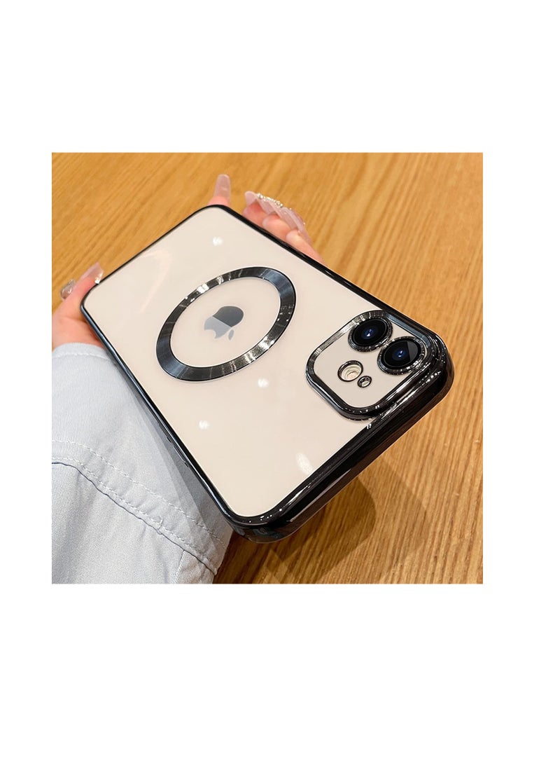 Generic Compatible with iPhone 12 Magnetic Clear Case,Luxury Plating Bling Transparent Shockproof MagSafe Case with Full Camera Lens Protector for iPhone 12 Women Girl Men-Elegant Black  - Image 1