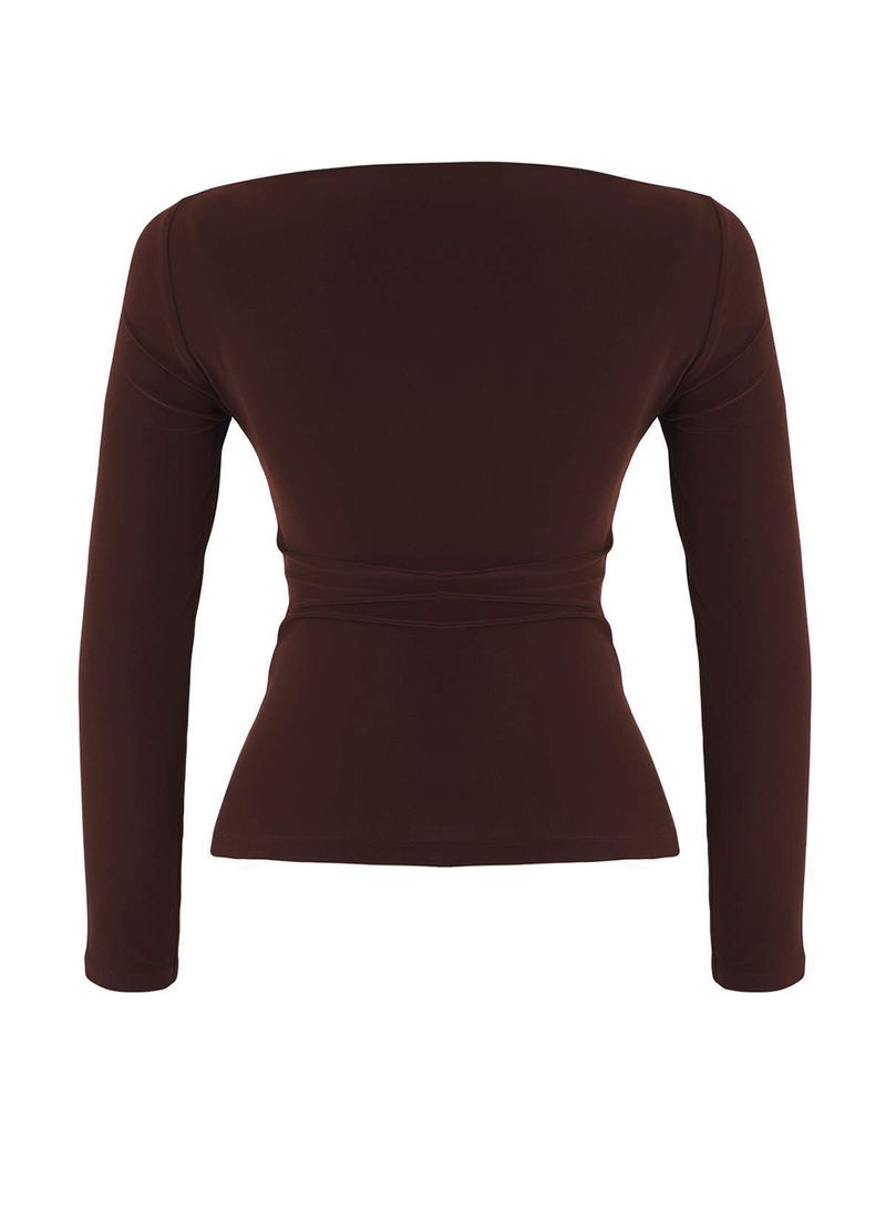 trendyol Brown Boat Neck Draped Bodycon Stretchy Knitted Blouse Twoaw25Bz00109 - Image 5