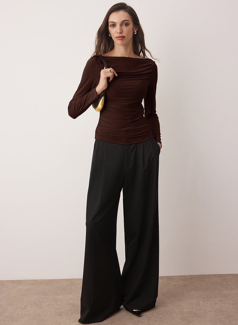 trendyol Brown Boat Neck Draped Bodycon Stretchy Knitted Blouse Twoaw25Bz00109 - Image 2