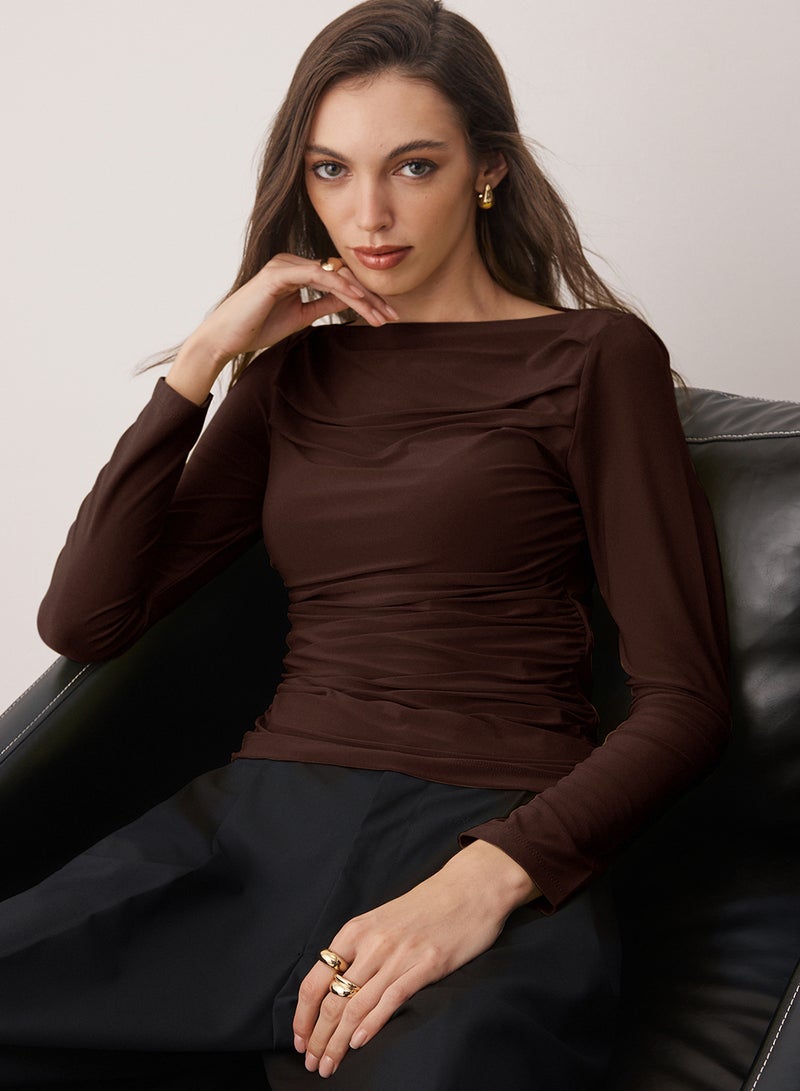 trendyol Brown Boat Neck Draped Bodycon Stretchy Knitted Blouse Twoaw25Bz00109 - Image 1