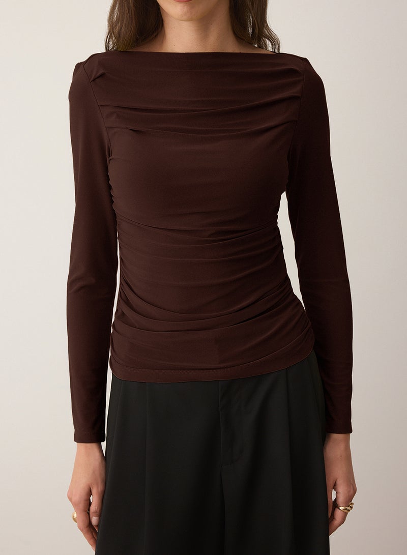 trendyol Brown Boat Neck Draped Bodycon Stretchy Knitted Blouse Twoaw25Bz00109 - Image 3