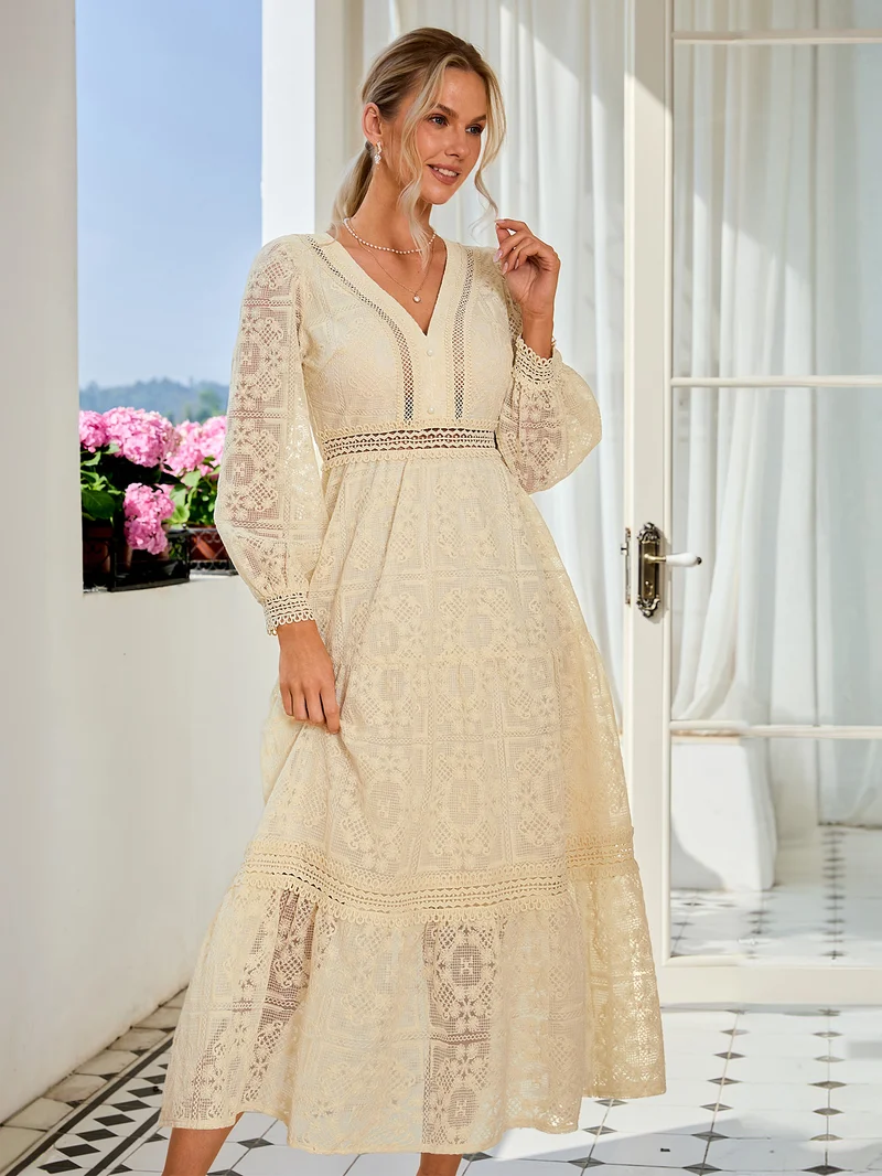 Simplee V Neck Lantern Long Sleeve Textured Maxi Dress, Waist Tie Belt, Minimal Gentle Office Dress