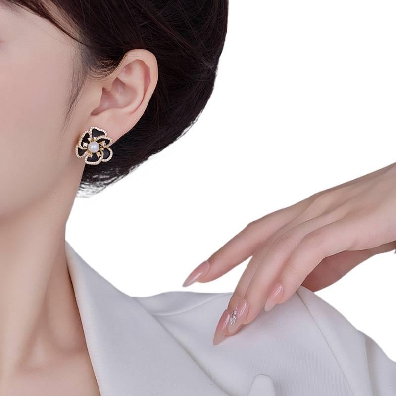 Black Pearl Earrings with Rhinestone Detail and Lightweight Huggie Profile for Daily Wear and Elegant Styling - JOVA - Image 5