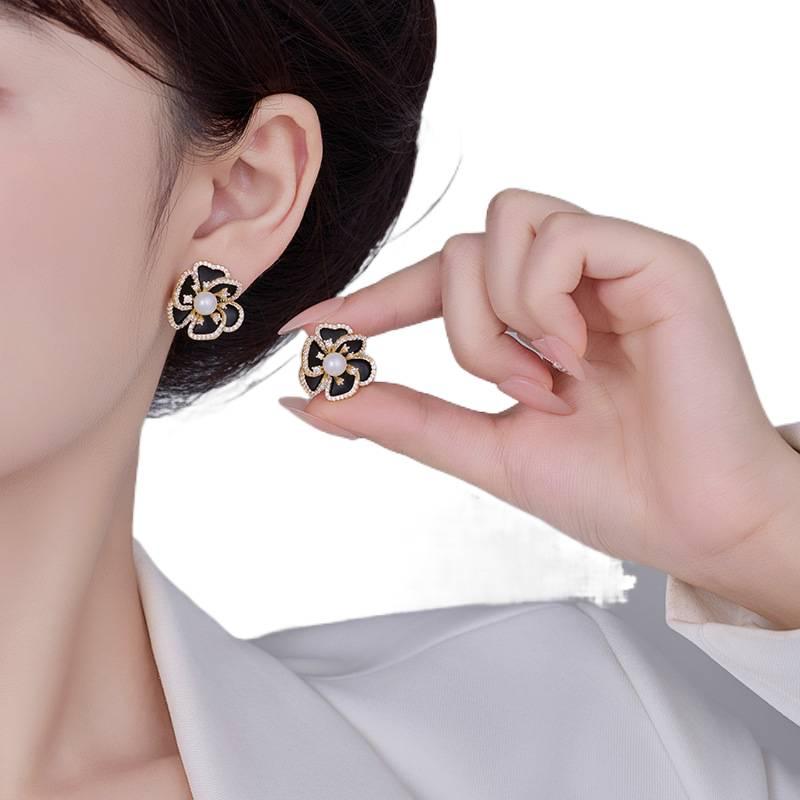 Black Pearl Earrings with Rhinestone Detail and Lightweight Huggie Profile for Daily Wear and Elegant Styling - JOVA - Image 3
