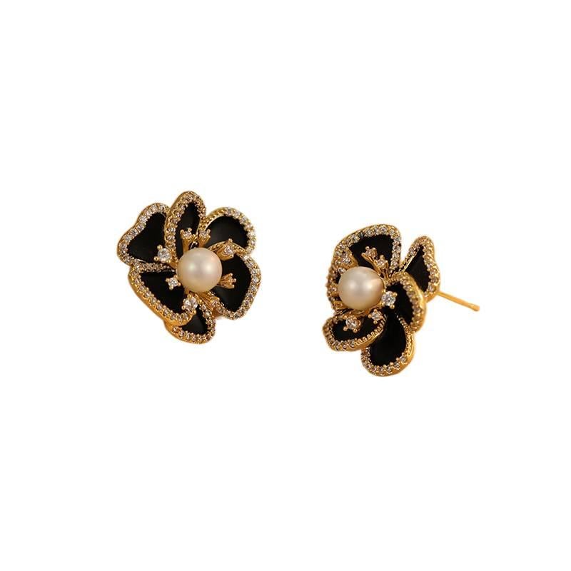 Black Pearl Earrings with Rhinestone Detail and Lightweight Huggie Profile for Daily Wear and Elegant Styling - JOVA - Image 4