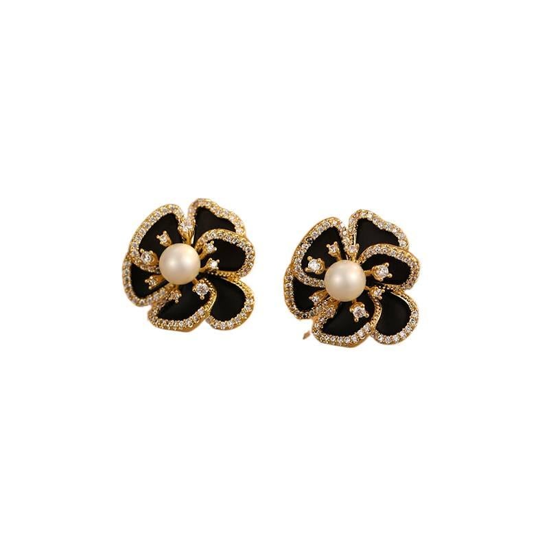 Black Pearl Earrings with Rhinestone Detail and Lightweight Huggie Profile for Daily Wear and Elegant Styling - JOVA - Image 2