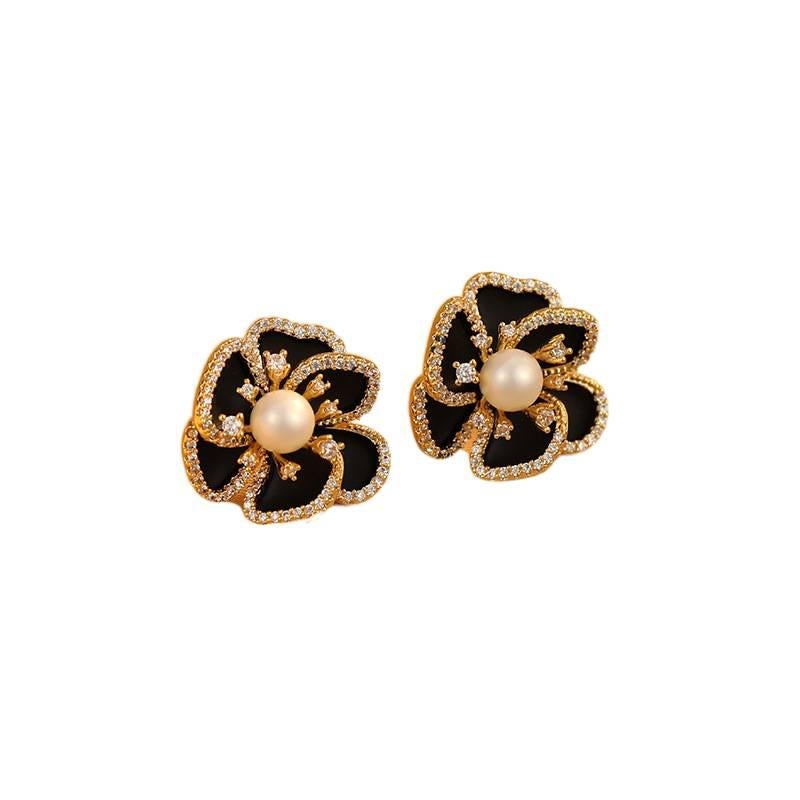 Black Pearl Earrings with Rhinestone Detail and Lightweight Huggie Profile for Daily Wear and Elegant Styling - JOVA - Image 1