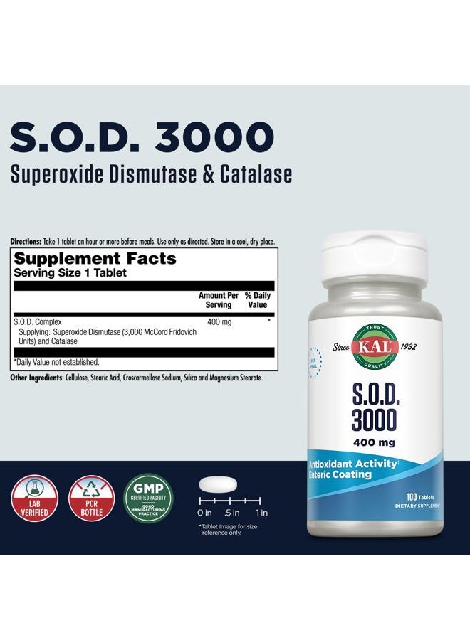 KAL S.O.D. 3000 Antioxidant Supplement 400mg, Superoxide Dismutase (SOD), Beef Liver Source, Super Antioxidant Support, Enteric Coated for Maximum Assimilation, 60-Day Guarantee, 100 Serv, 100 Tablets - Image 2