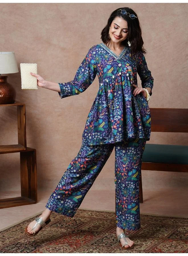 Globus Women Embroidered V-Neck Printed Faux Shell A-Line Alia Cut Tunic & Trousers Festive Co-Ord Set