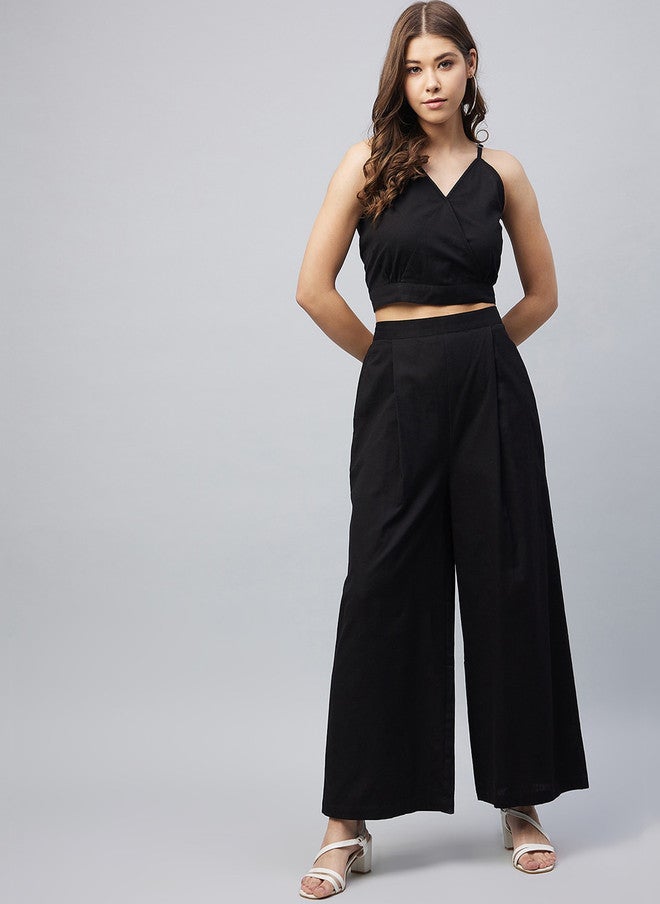 StyleStone طقم ستايلستون النسائي من القطن الأسود مع توب بدون أكمام وبلازو - Image 1