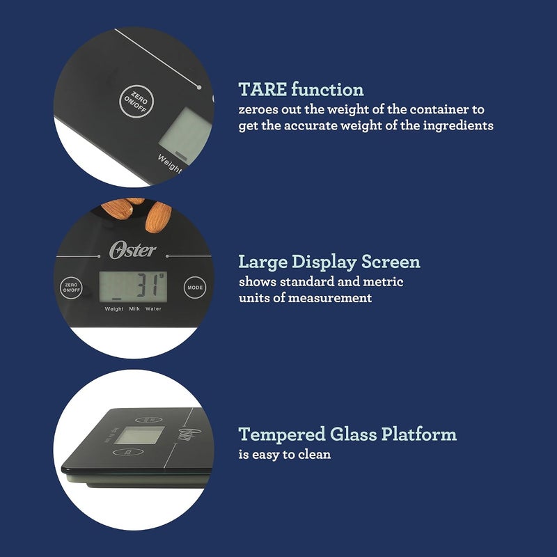 أوستر ميزان مطبخ رقمي أوستر غريدلي – عالي الدقة 11 رطلاً مع شاشة LCD، وظيفة التار، قياس بالجرام والأونصة، تصميم أسود نحيف - Image 4